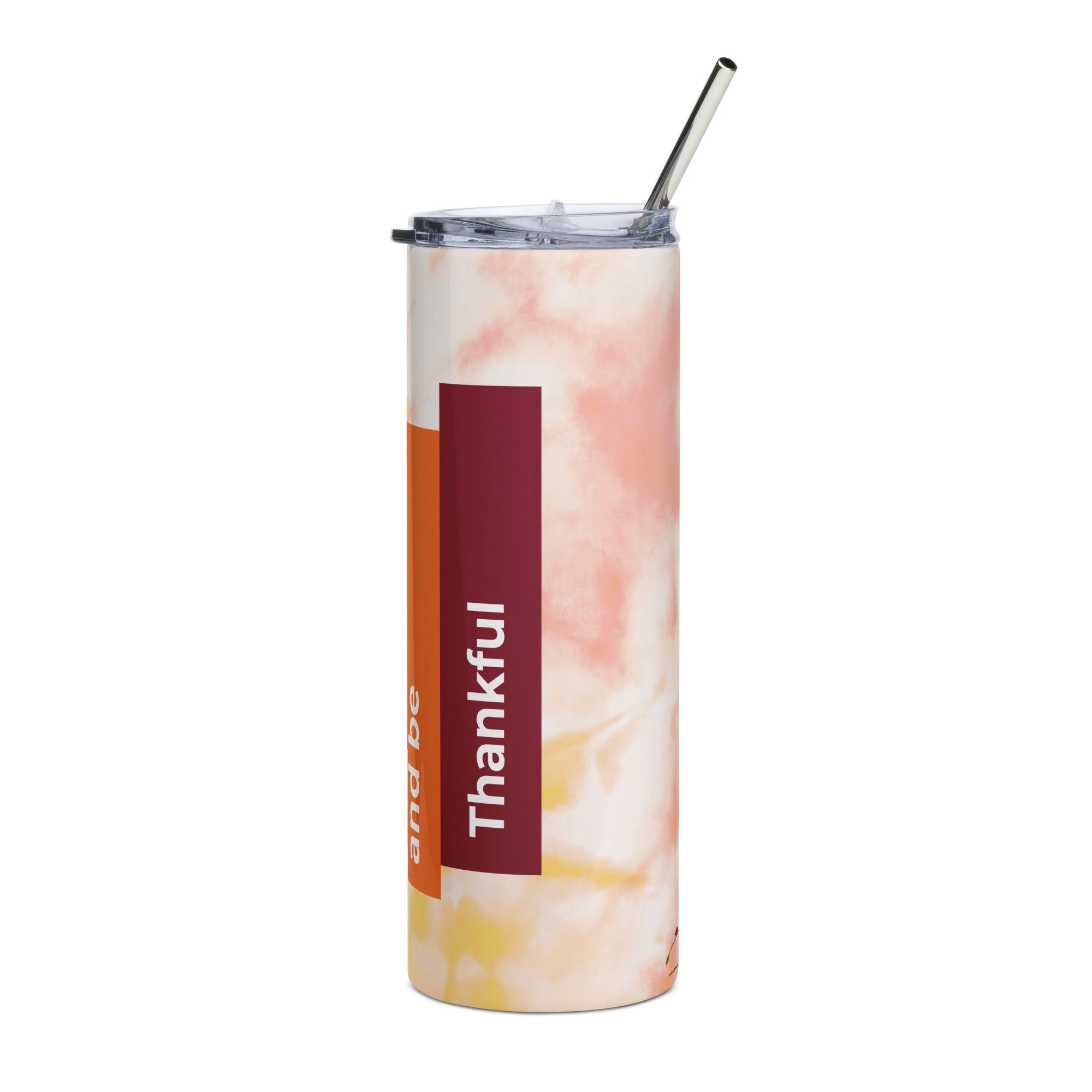 LuckeLadybug tie dye stainless steel tumbler with thankful design and metal straw