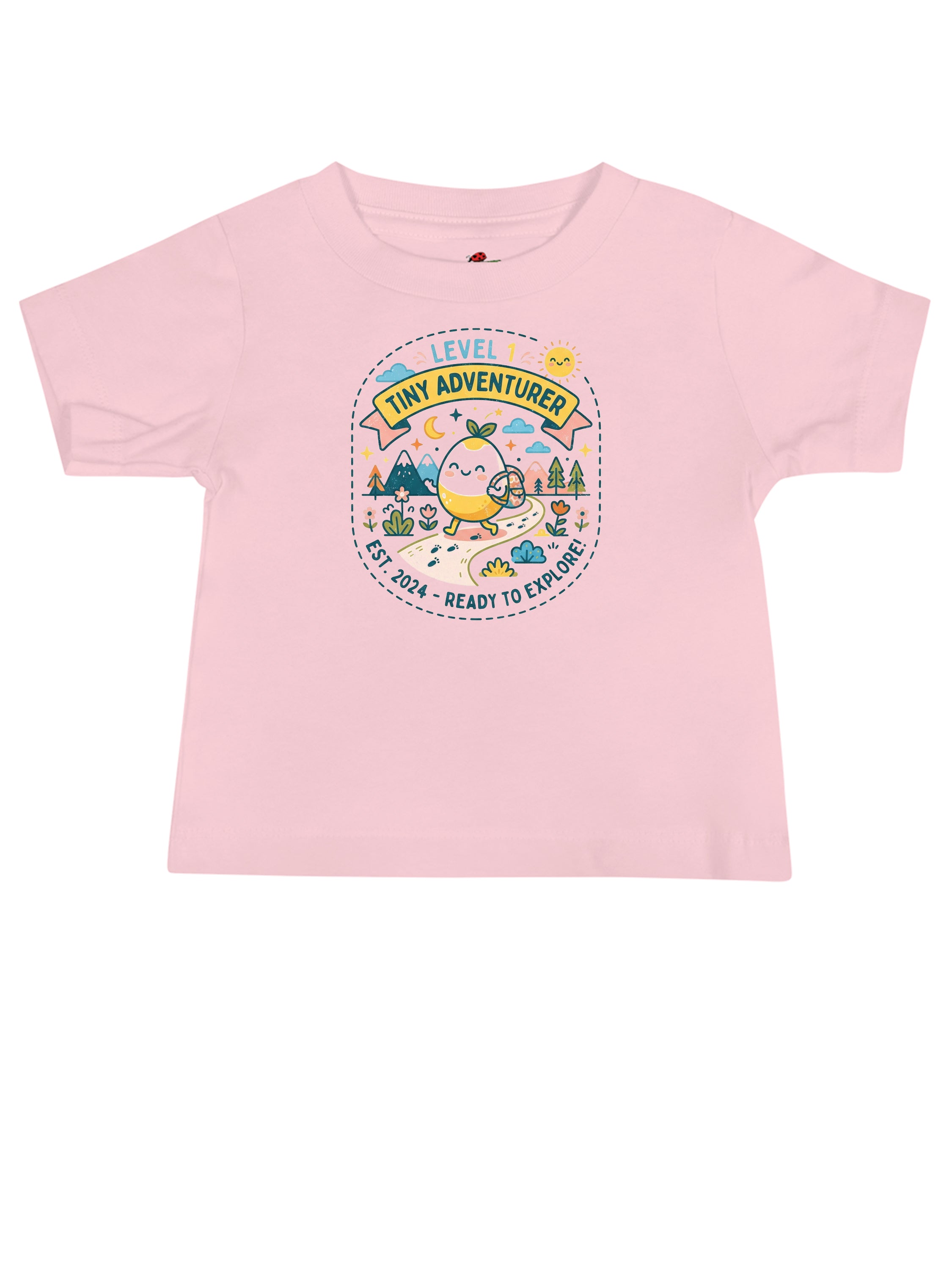 LuckeLadybug graphic tees t shirt in pink featuring a playful Tiny Adventurer design
