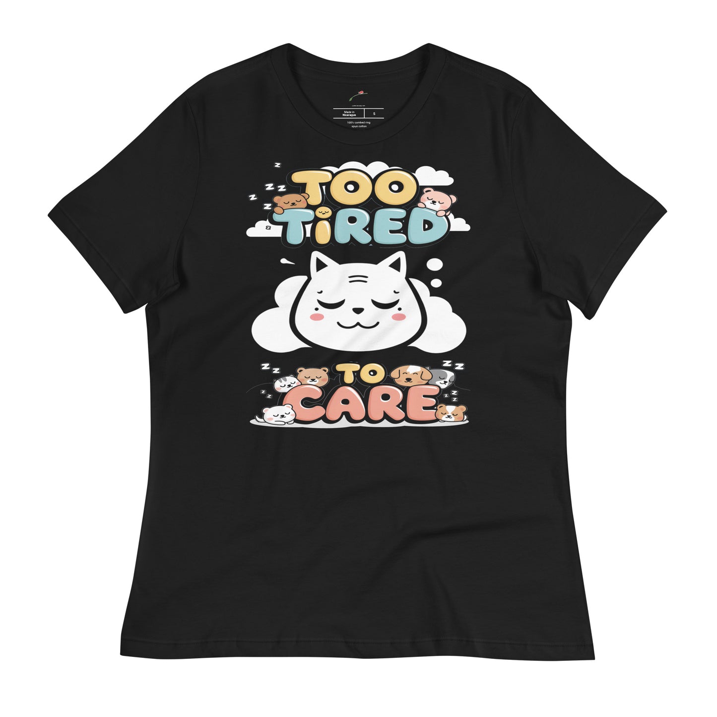 LuckeLadybug Too Tired To Care graphic tee in black with a cute sleepy cat design