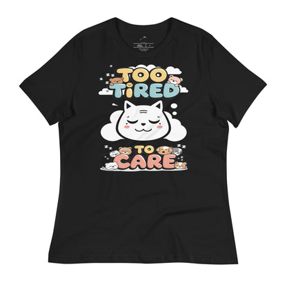 LuckeLadybug Too Tired To Care graphic tee in black with a cute sleepy cat design