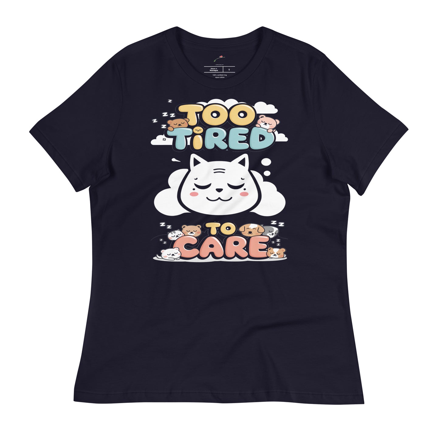 LuckeLadybug Too Tired To Care graphic tee featuring a cute cat design with colorful text