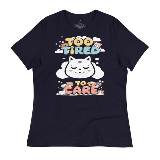 LuckeLadybug Too Tired To Care graphic tee featuring a cute cat design with colorful text
