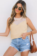 Oatmeal Solid Mesh Patchwork Crew Neck Tank Top