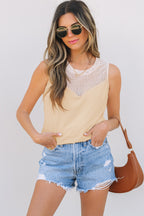 Oatmeal Solid Mesh Patchwork Crew Neck Tank Top