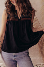 Black Colorful Shirred Yoke Notched V Neck Tank Top