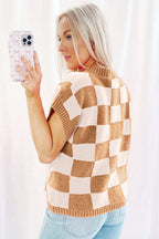 Strawberry Pink Colorblock Plaid Pattern Ribbed Trim Sweater Tank Top