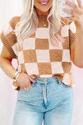 Camiseta sin mangas de punto acanalado con bloques de color rosa fresa y estampado a cuadros