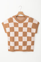 Strawberry Pink Colorblock Plaid Pattern Ribbed Trim Sweater Tank Top