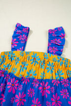 Blue Floral Colorblock Flutter Straps Flowy Tank Top