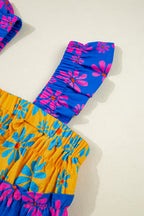 Blue Floral Colorblock Flutter Straps Flowy Tank Top