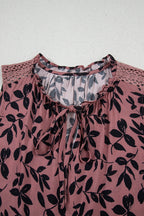 Brown Leaf Print Lace-up V Neck Crinckled Tank Top