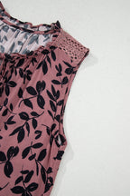 Brown Leaf Print Lace-up V Neck Crinckled Tank Top