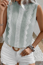 Green Stripe Lace Patchwork Crew Neck Tank Top