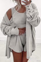 Casual gray shorts outfit styled with a cozy cardigan and top tank tops for a relaxed look