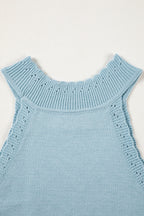 Sky Blue White Cut-out Scalloped Hem Skinny Tank Top