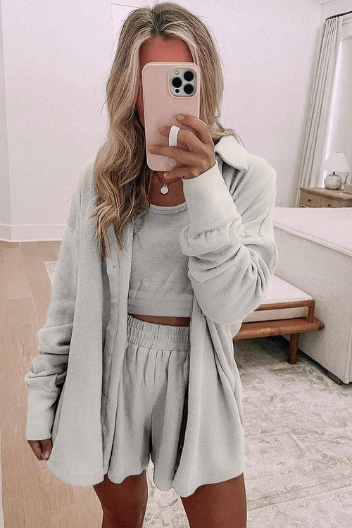 Light gray shorts outfit with a cozy top tank tops and cardigan for casual wear
