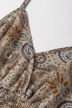 Khaki Paisley Printed Spaghetti Strap V Neck Smocked Babydoll Tank Top
