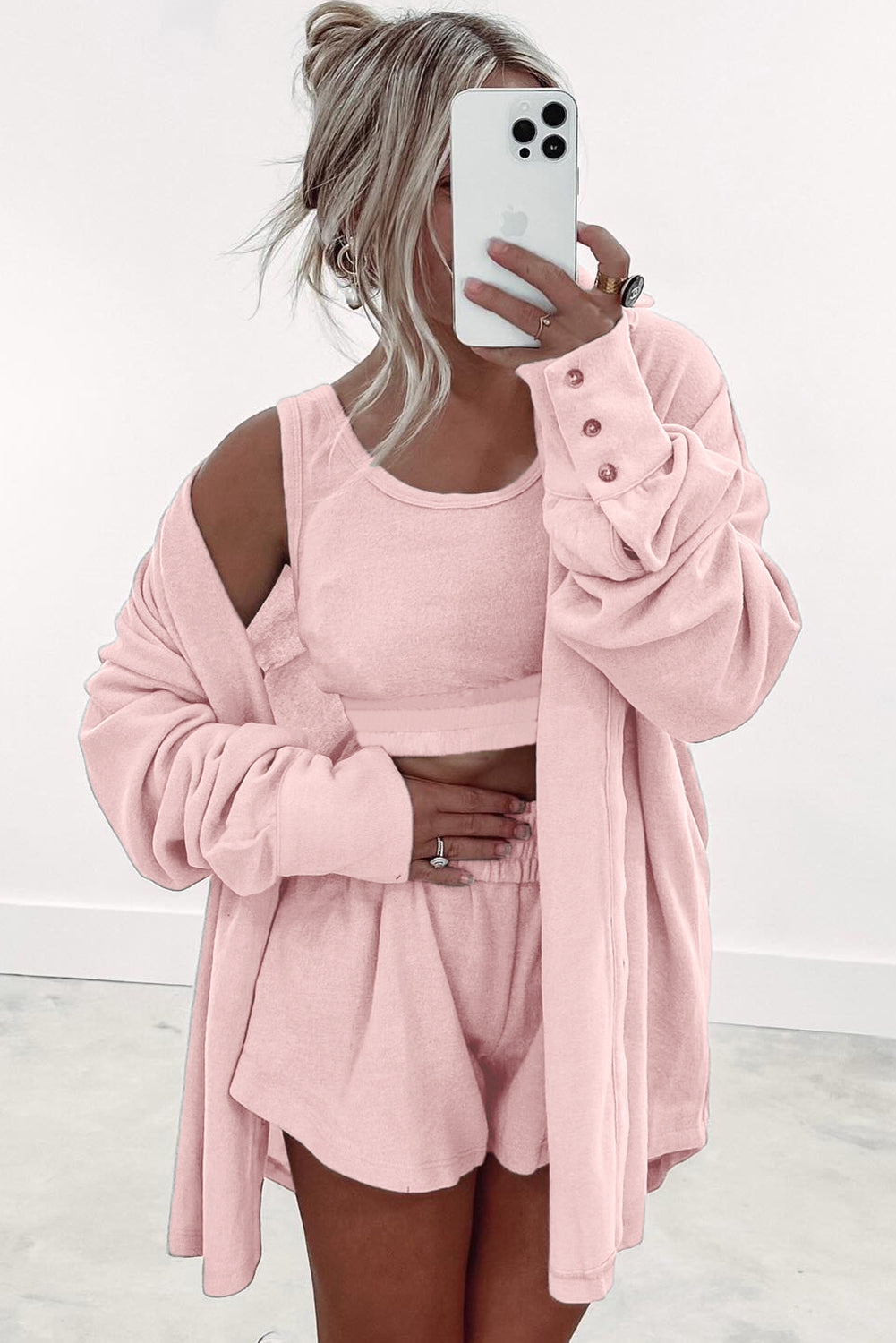 Pink shorts set with tank top and oversized cardigan, perfect for pairing with top tank tops