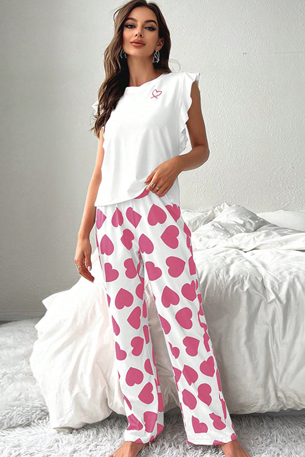 LuckeLadybug LLC White Pajama Pants with Pink Heart Pattern, perfect to pair with top tank tops