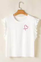 White Ruffle Sleeve Top with Heart Design, perfect for pairing with tank tops