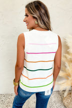 White Stripe Round Neck Knitted Sweater Tank