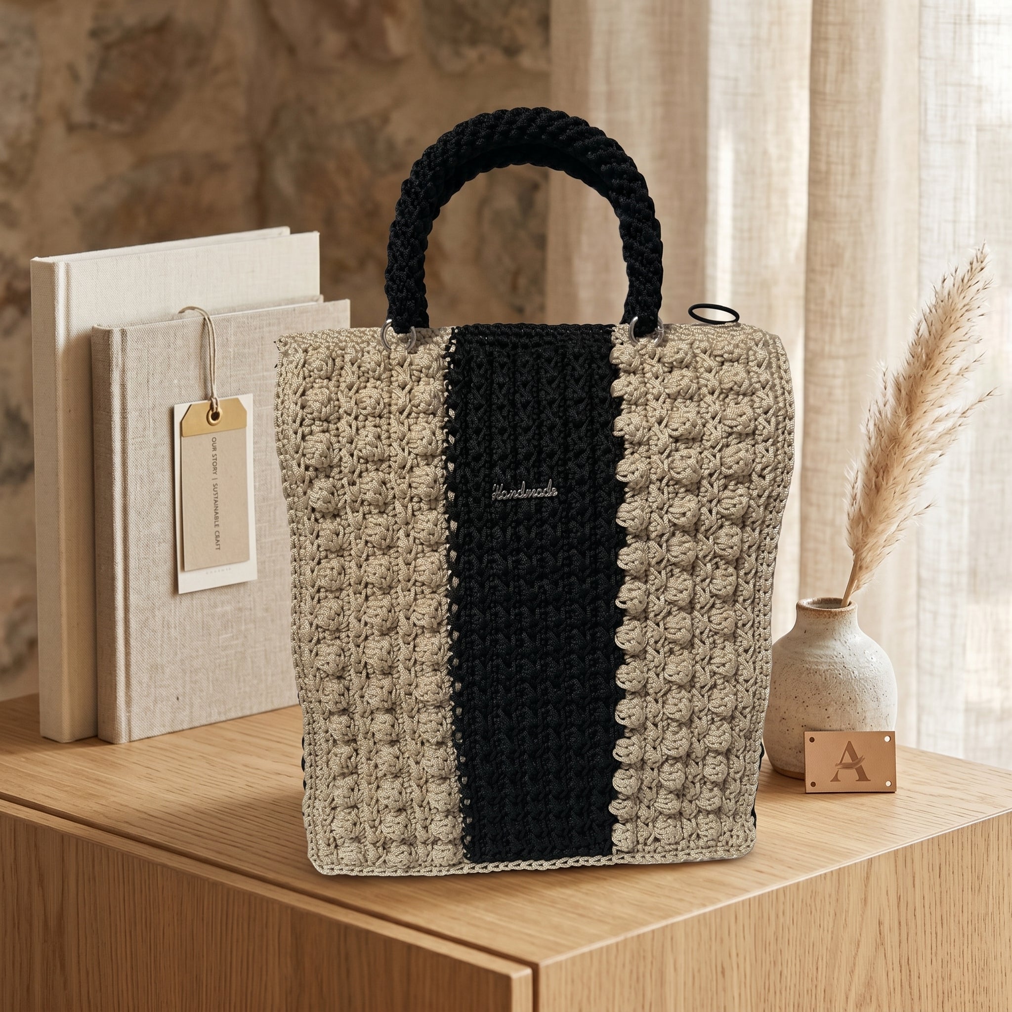 Stylish ThreadsByHannah tote bag made of woven fabric with a black and beige design.
