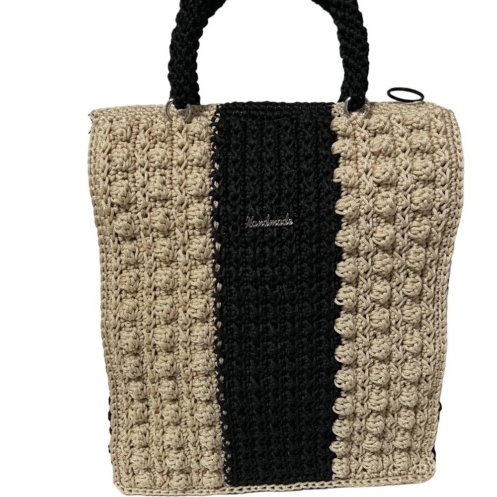 ThreadsByHannah Handmade Tote Bag in Beige and Black with a Stylish Knitted Design