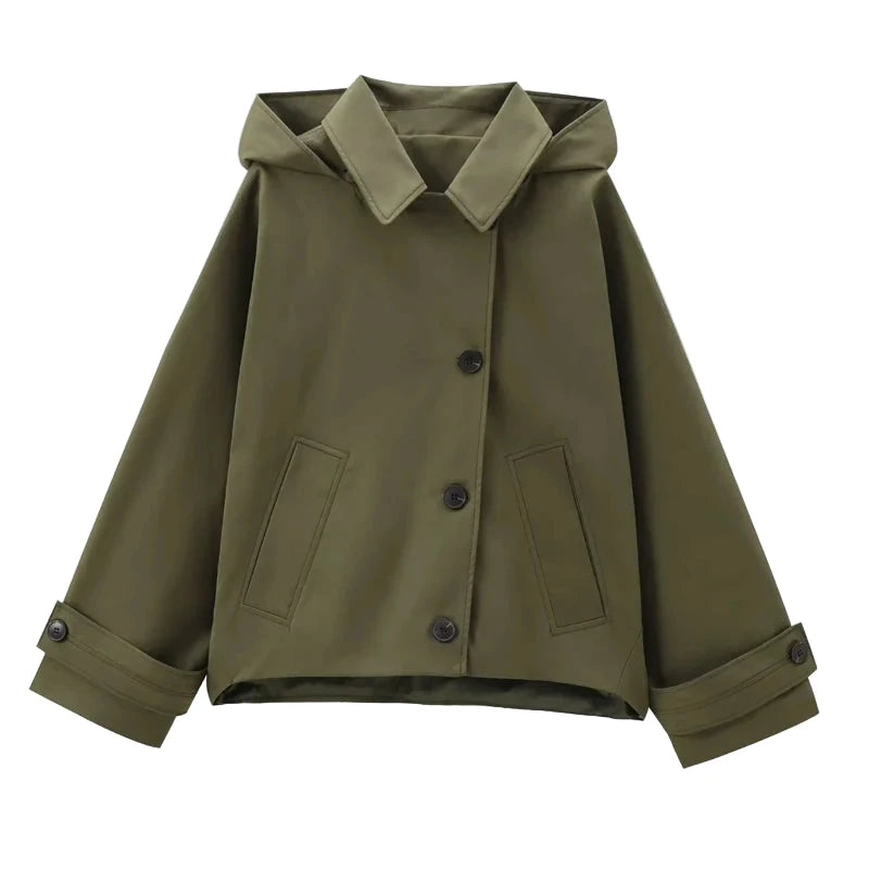 Olive Green Women's Cropped Windbreaker Jacket with Button Closure and Roll-Up Sleeves
