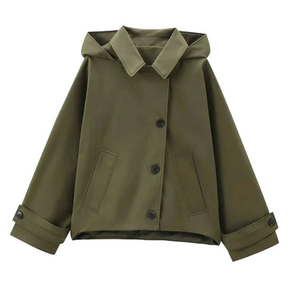 Olive Green Women's Cropped Windbreaker Jacket with Button Closure and Roll-Up Sleeves