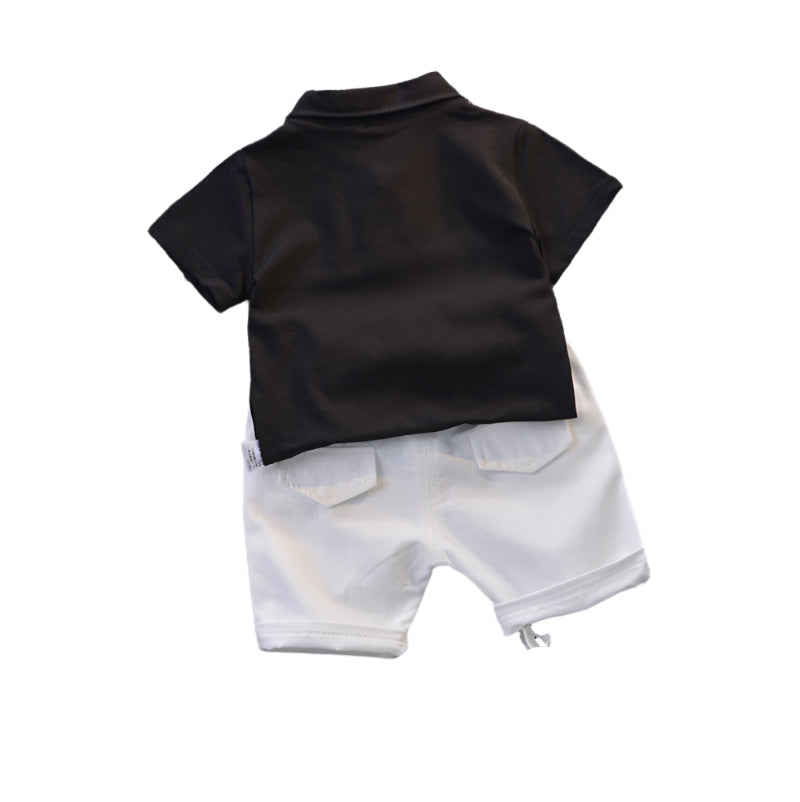LuckeLadybug trendy boys two piece summer suit with black shirt and white shorts set
