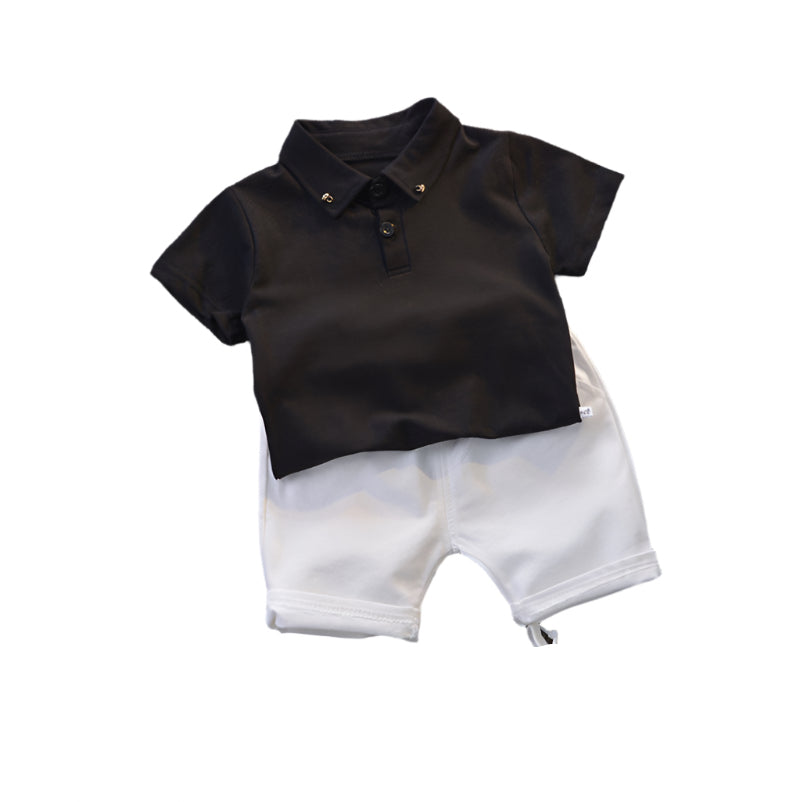 LuckeLadybug trendy boys two piece summer suit with black polo shirt and white shorts