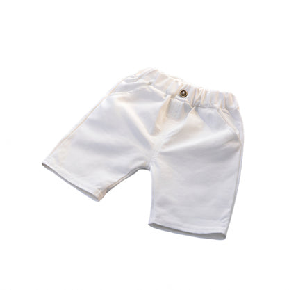 White shorts from trendy boys two piece summer suit with elastic waistband and button detail