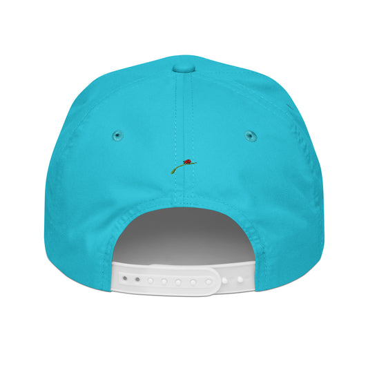 LuckeLadybug blue snapback hat with white adjustable strap and trendy flower design golf hat detail