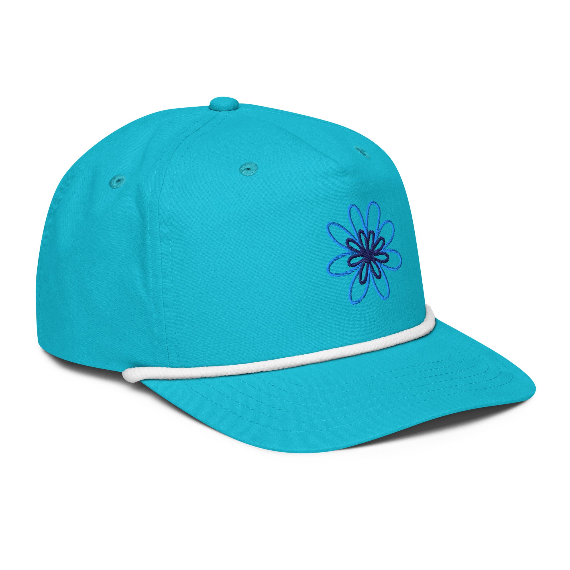 LuckeLadybug snapback hat in turquoise with trendy flower design golf hat embroidery and white rope detail