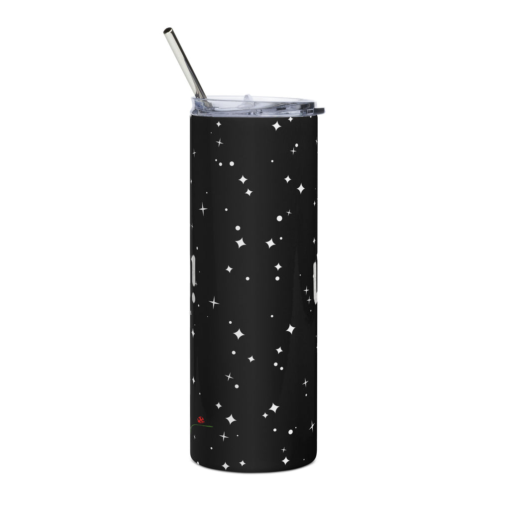LuckeLadybug black stainless steel trendy insulated tumbler cup with white star pattern and clear lid with metal straw