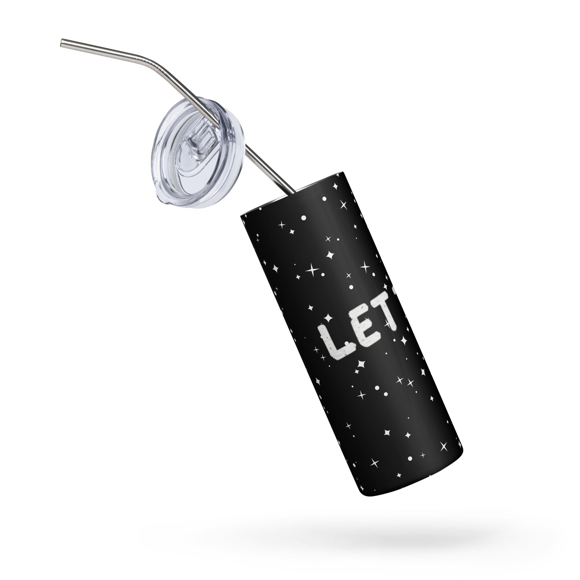 LuckeLadybug trendy insulated tumbler cup in black with star pattern and metal straw