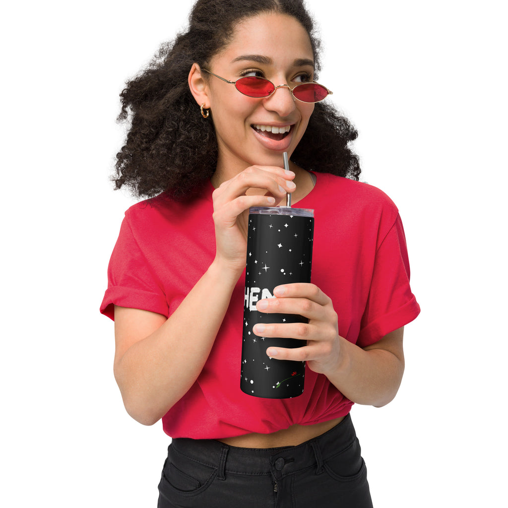 Woman holding LuckeLadybug stainless steel trendy insulated tumbler cup with star design and straw