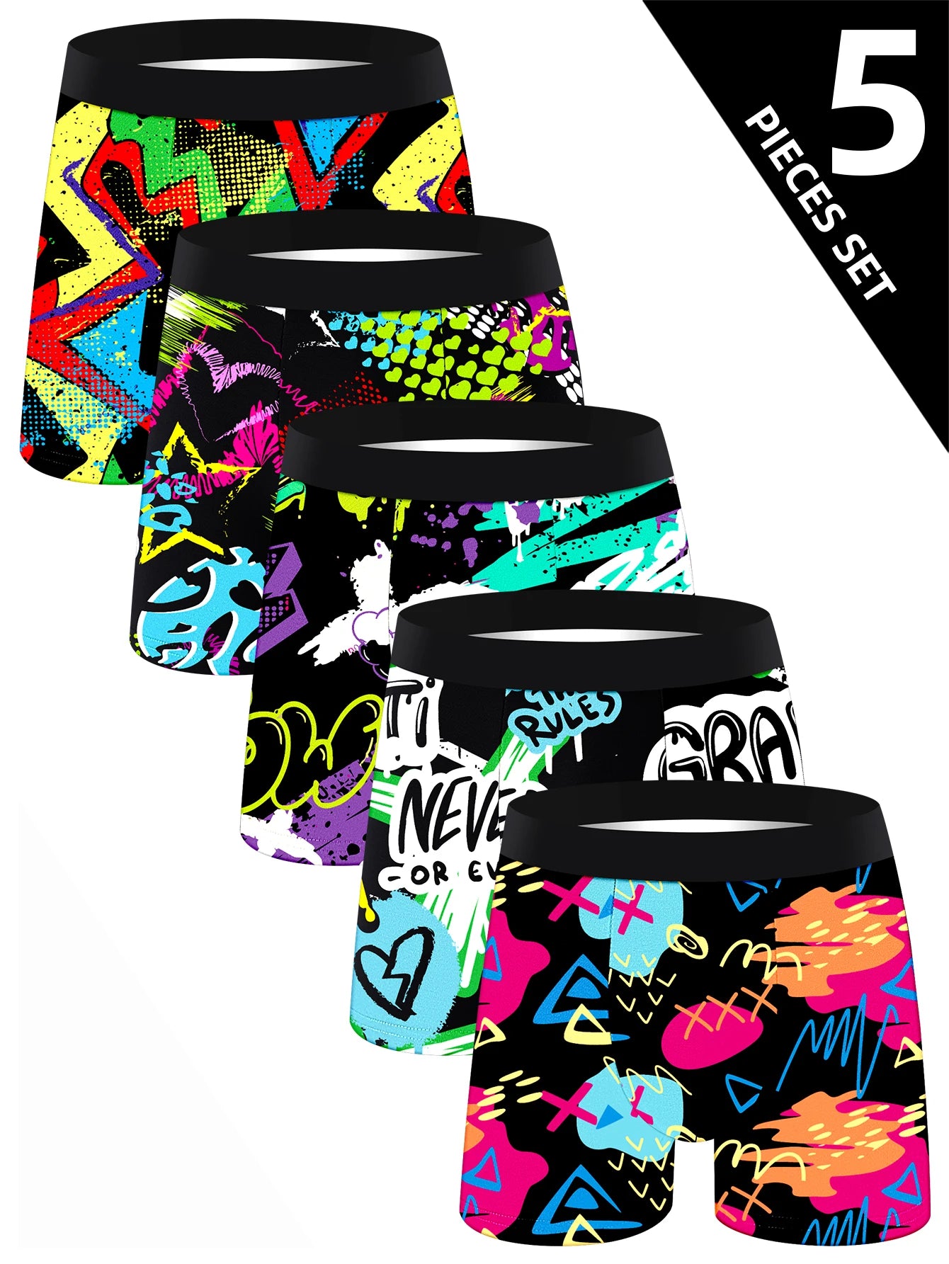 Trendy men's boxer briefs set featuring vibrant graphic designs and comfortable fit for all-day wear