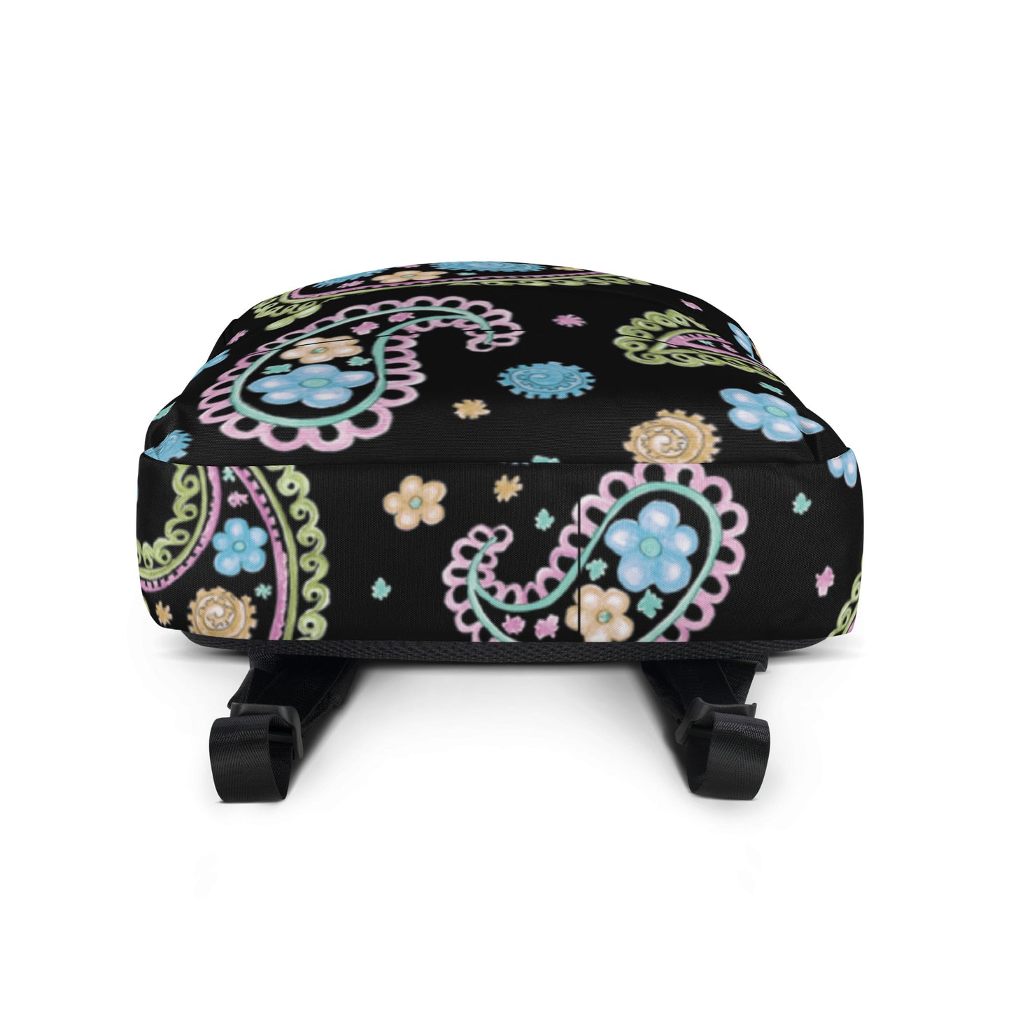 trendy paisley print backpack with colorful floral design on black background