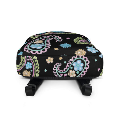 trendy paisley print backpack with colorful floral design on black background