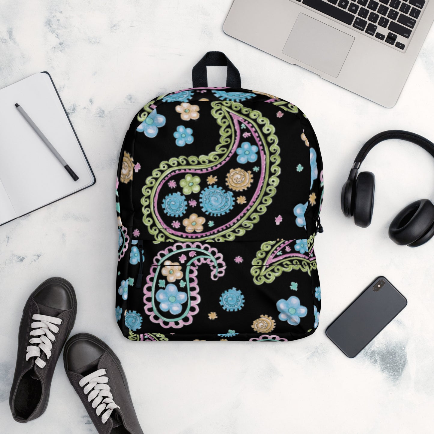 LuckeLadybug trendy paisley print backpack in black with colorful floral design perfect for daily use