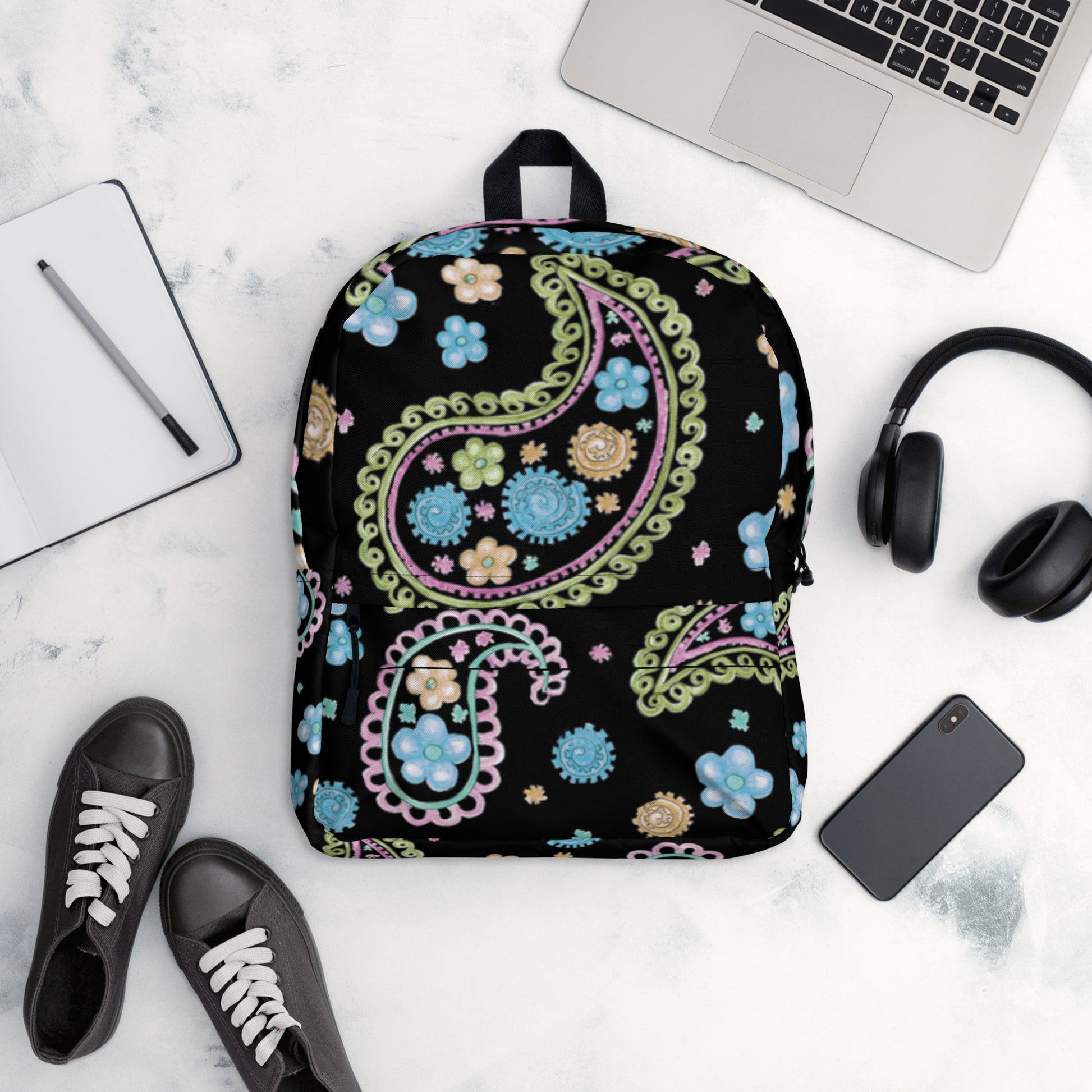 LuckeLadybug trendy paisley print backpack in black with colorful floral design perfect for daily use