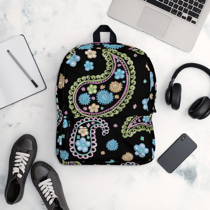 LuckeLadybug trendy paisley print backpack in black with colorful floral design perfect for daily use