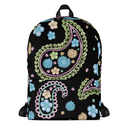 LuckeLadybug trendy paisley print backpack with colorful floral pattern on black background