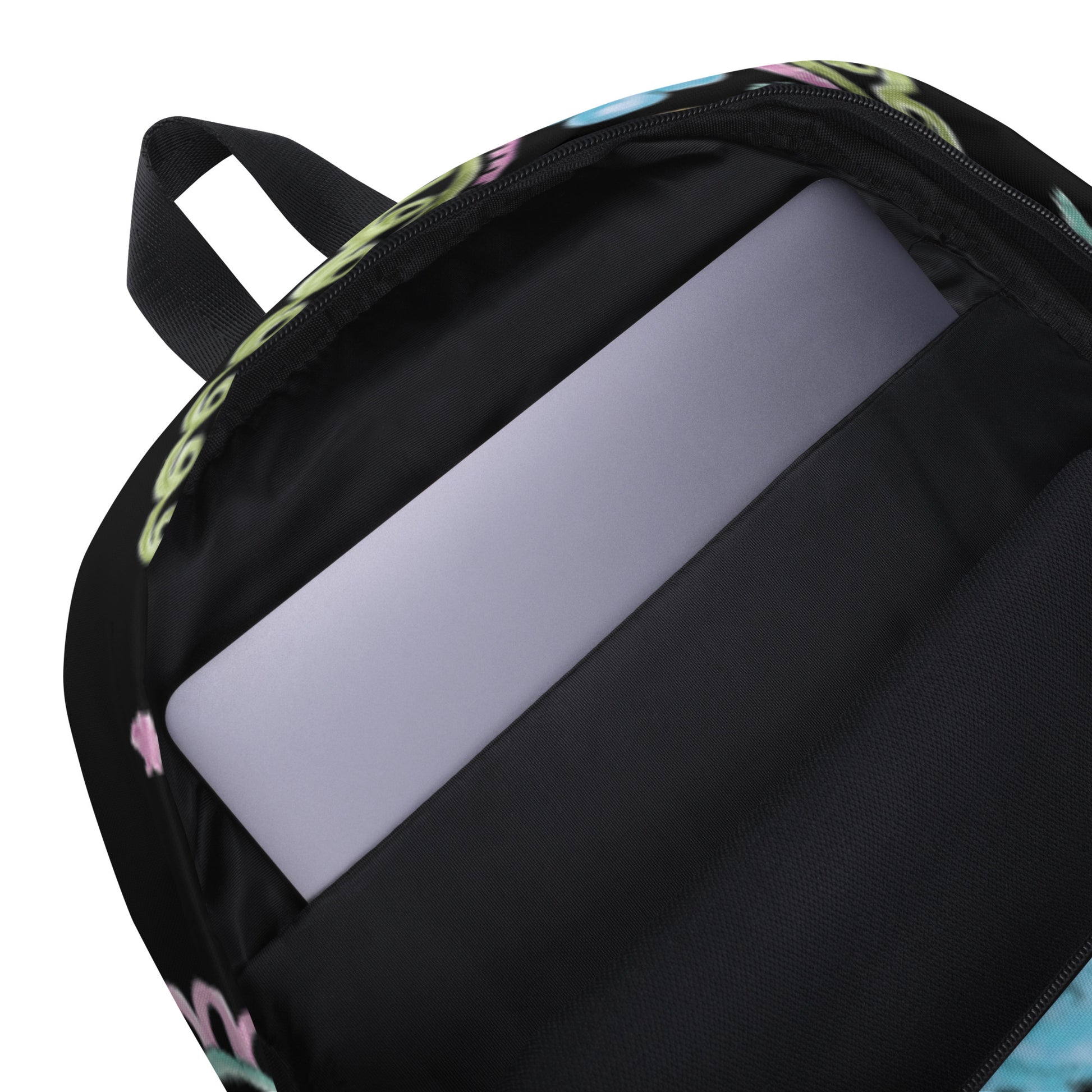 LuckeLadybug trendy paisley print backpack open showing laptop compartment