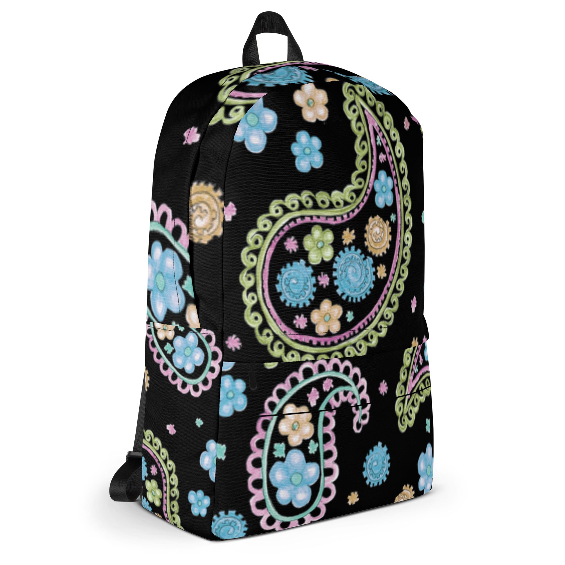 LuckeLadybug trendy paisley print backpack with colorful floral design on black background