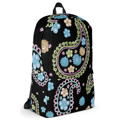 LuckeLadybug trendy paisley print backpack with colorful floral design on black background