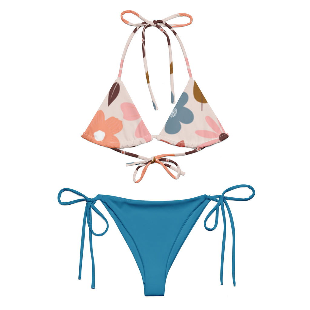 LuckeLadybug trendy two-piece swimwear for women with floral print top and solid blue bottom