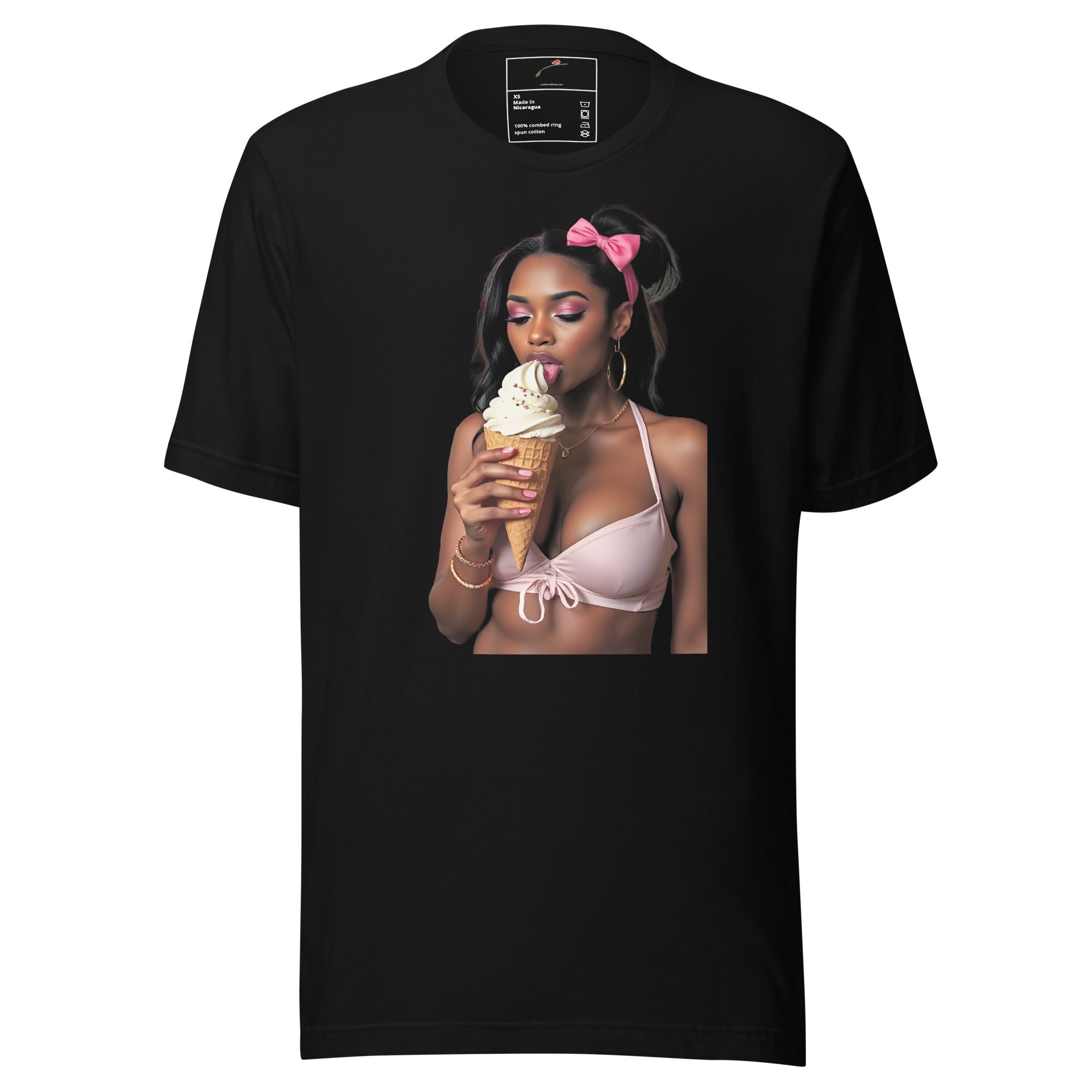 Black trendy girl ice cream t-shirt featuring a woman enjoying an ice cream cone in stylish attire