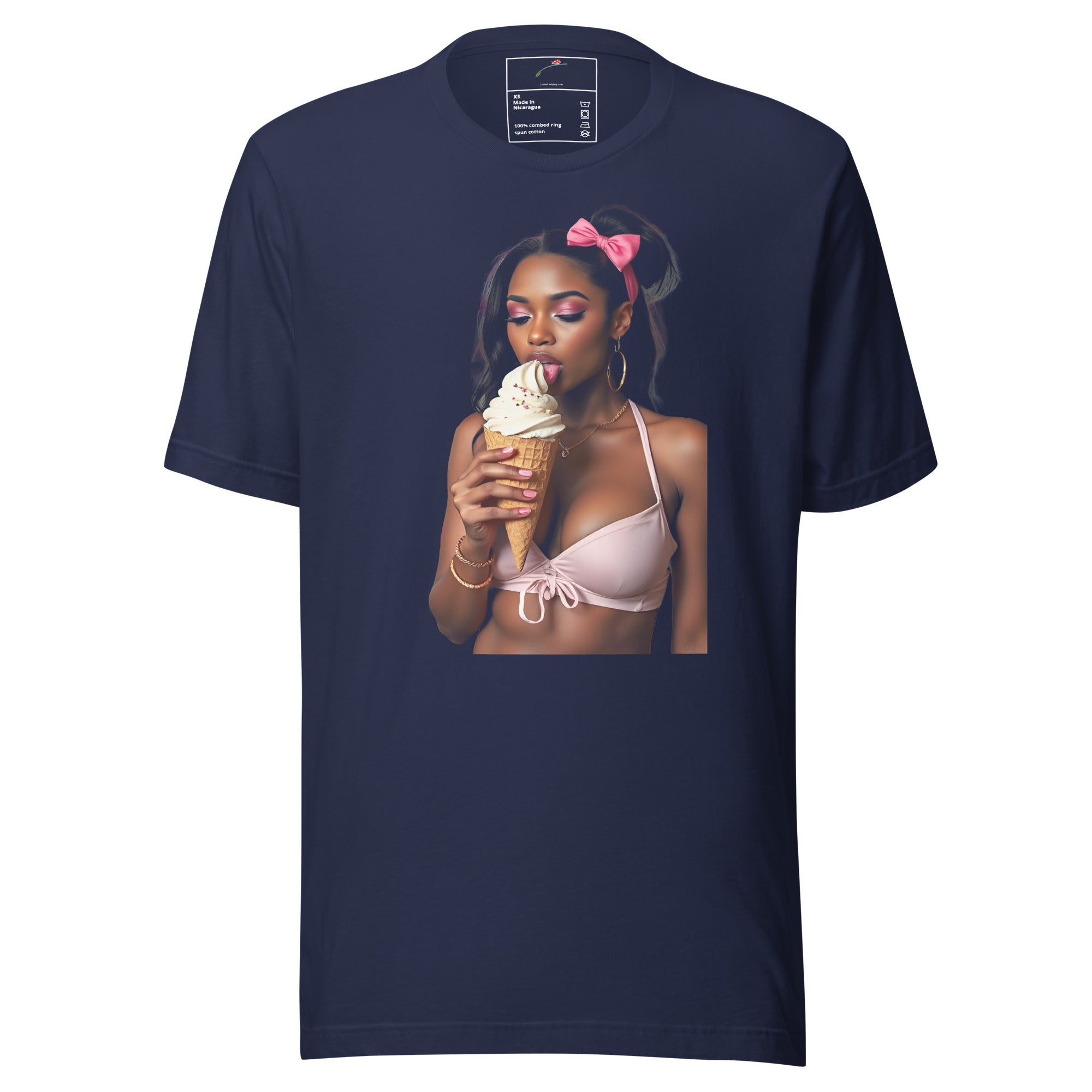 LuckeLadybug trendy girl ice cream t-shirt featuring a girl with a pink bow eating an ice cream cone